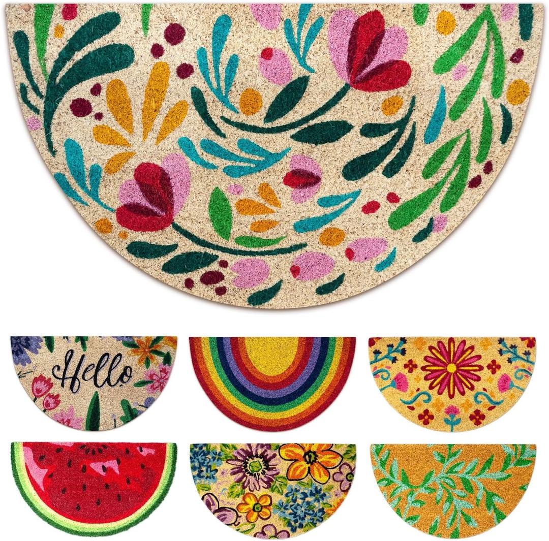 Coir Door mats Outdoor - Flora - Welcome mats for Front Door - Half Circle Coir Doormat Outdoor Entrance - 16''x27.5''