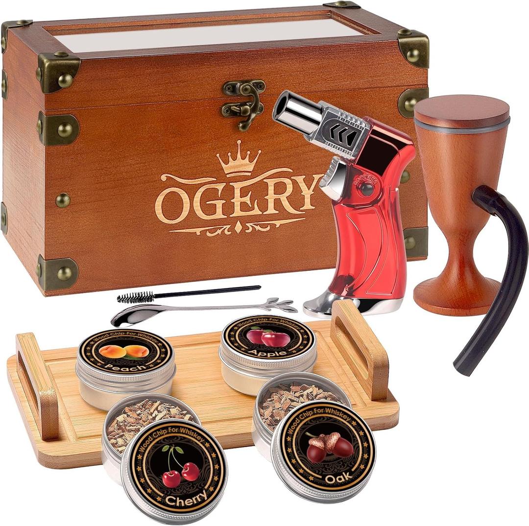 OGERY Cocktail Smoker Kit, Whiskey Smoker Kit with Smoking Gun, Old Fashioned Bourbon Smoker Box and 4 Flavors Wood Chips, Unique Anniversary Birthday Gifts for Men, Husband (No Butane)