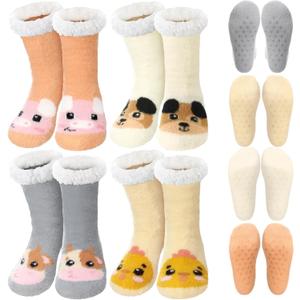 Berlune 4 Pairs Christmas Fuzzy Slipper Socks for Women Girl Grippers Plush Fleece Lining Non Slip Animal Winter Lover Gift (Pig, Chicken, Dog, Cow)