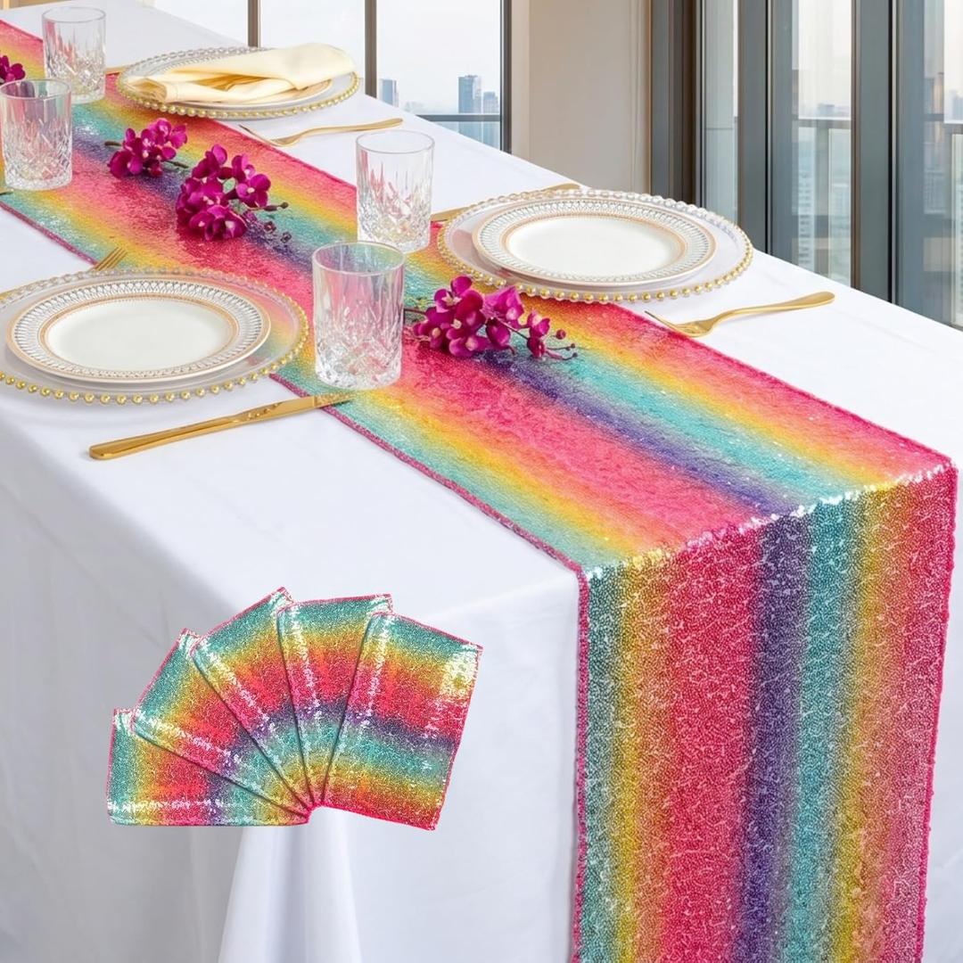 ShinyBeauty Sequin Rainbow Table Runner 12x108'' 5 Pack for Wedding Decor