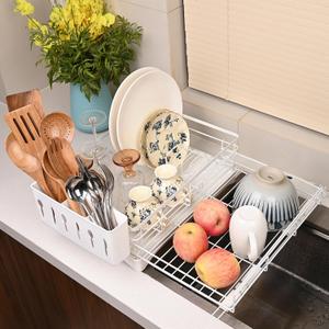 Expandable Over Sink Dish Drying Rack  Foldable Stainless Steel Kitchen Organizer with Utensil Holder, Space-Saving & Rustproof (White)