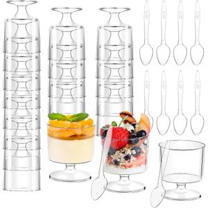 Dessert Cups with Spoons 60 Pcs 5 OZ Mini Clear Plastic Dessert Parfait Cup 60 Pc Spoons for Party Small Round Serving Goblet Wine Shot Disposable Fruit Ice Cream Mousse Pudding Appetizer Bowl