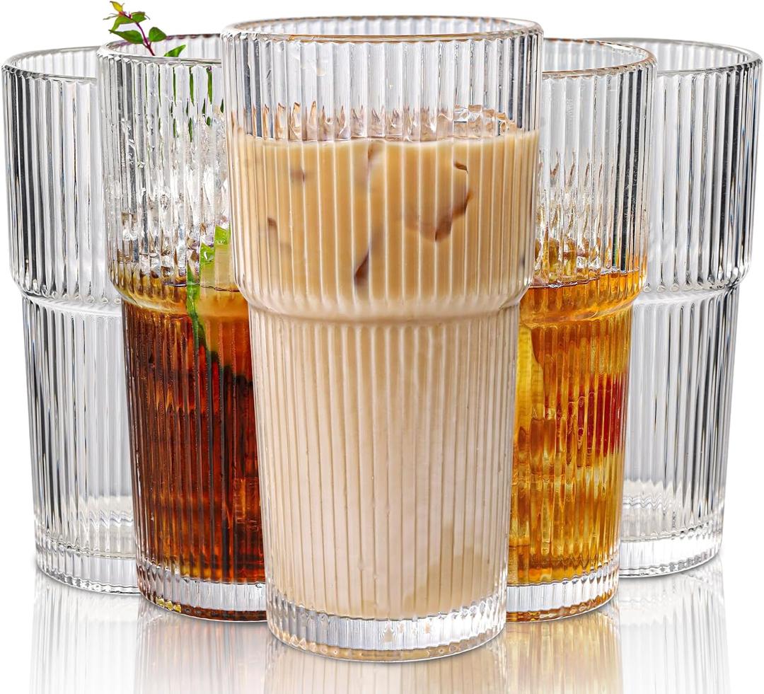 Set of 6 Oversize Ribbed Glassware, 20oz Vintage Clear Glass Tumbler, Large capacity, Origami Style, Fluted Design, Ideal for Water, Iced Coffee, Beer, Tea, Latte, Housewarming Gift (Large)
