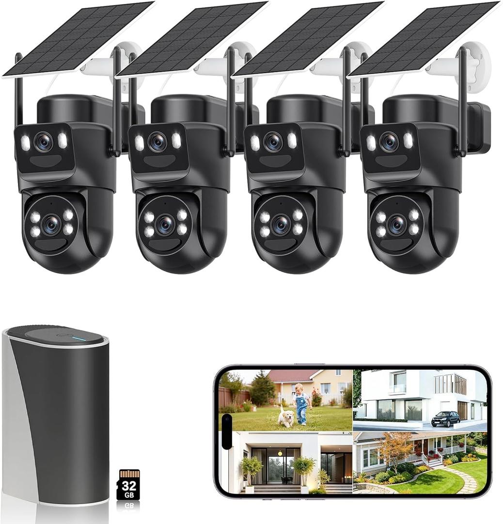 4K Solar Security Cameras Wireless Outdoor with Dual Lens, 4 Cam Kit, No Subscription Fee, Home Security System with Color Night Vision, Auto Tracking, Motion Detection