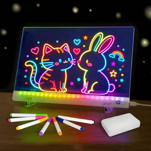 Led Drawing Board with Colors, Acrylic Dry Erase Board with Stand, 4 Modes & 6 Colors, Include 7 Dry Erase Markers, Clean Spone, Valentines Birthday Gift for Boys Girls, Party, Easter, Room Home Decor (White)