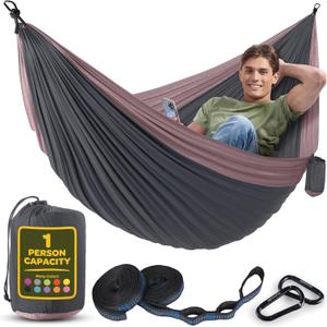 Durable Hammock 400 lb Capacity, Nylon Camping Hammock Chair - Double or Single Sizes w/Tree Straps and Attached Carry Bag - for Travel/Backpacking/Beach/Backyard (Medium, Dark Grey & Dusty Pink)