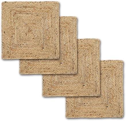 Jute Hand Braided Placemats Set of 4 | 14 Inches Artistic Square Tablemats for Kitchen Dining Table Top Sustainable Rug Mats & Dinner Table Plate Pads Mates (Beige (Square))