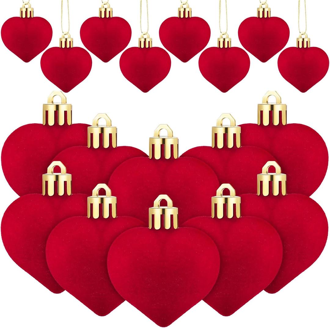 36 Pcs Valentines Day Velvet Heart Ornaments Bulk Valentine Tree Decoration Mini Flocking Hanging Ornaments for Valentine's Anniversary Party Mini Tree Decor(Red)