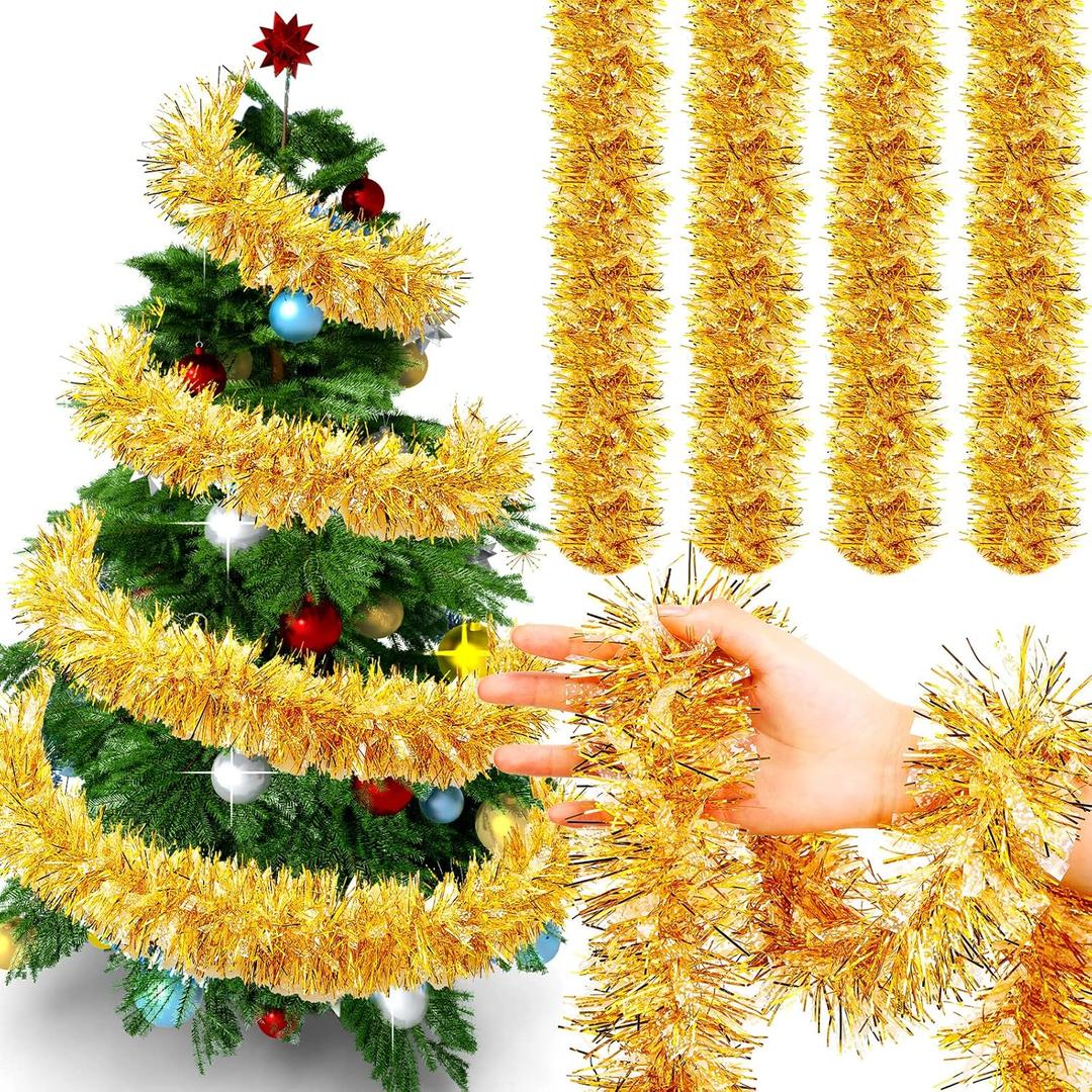 Dilunave 40 Feet Christmas Tinsel Garland Metallic Foil Twist Tinsel Garland Decoration for Christmas Tree, Wedding, Birthday and Party Hanging Decorations(Gold)