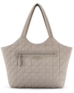 BAGSMART Tote Bag for Women, Quilted Travel Top Handle, Large Shoulder HandBags with Zipper for Work (Medium, 14l-beige)