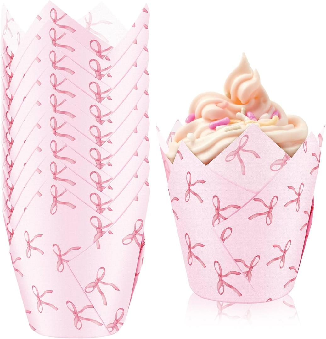 200 Pcs Pink Bow Tulip Cupcake Liners Bow Tulip Muffin Baking Liners Coquette Cupcake Wrappers for Birthday Bridal Baby Shower Wedding Party Supplies