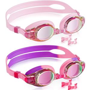 Aegend 2 Pack Kids Goggles, Swimming Goggles for Kids Age 4-16 Boys and Girls Youth, Anti-Fog Waterproof Anti-UV Pool Goggles (Pink)