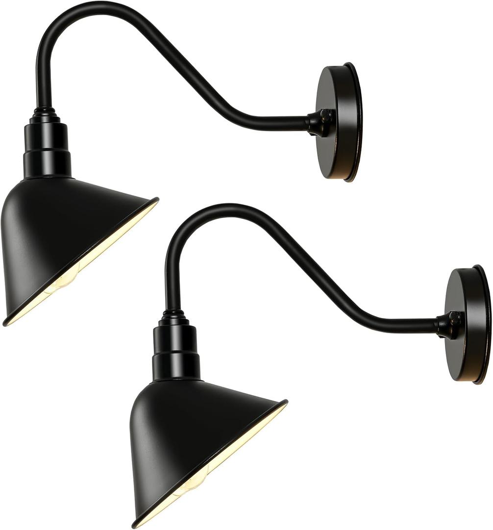 8 Inch Gooseneck Barn Sign Lights Outdoor, Black and White Angle Shade Outdoor Sign Lighting Fixture, Vintage Antique Farmhouse Style for Store Restaurant Porch Garage (8" Diameter, 2 PCS)