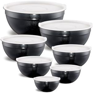 Moxinox Black Mixing Bowls with Airtight Lids, Stainless Steel Nesting Mixing Bowls Set of 7, Ideal for Baking, Prepping and Serving Food, Size 7, 3.6, 2.7, 2.1, 1.5, 1.1, 0.8 QT, Stackable Design