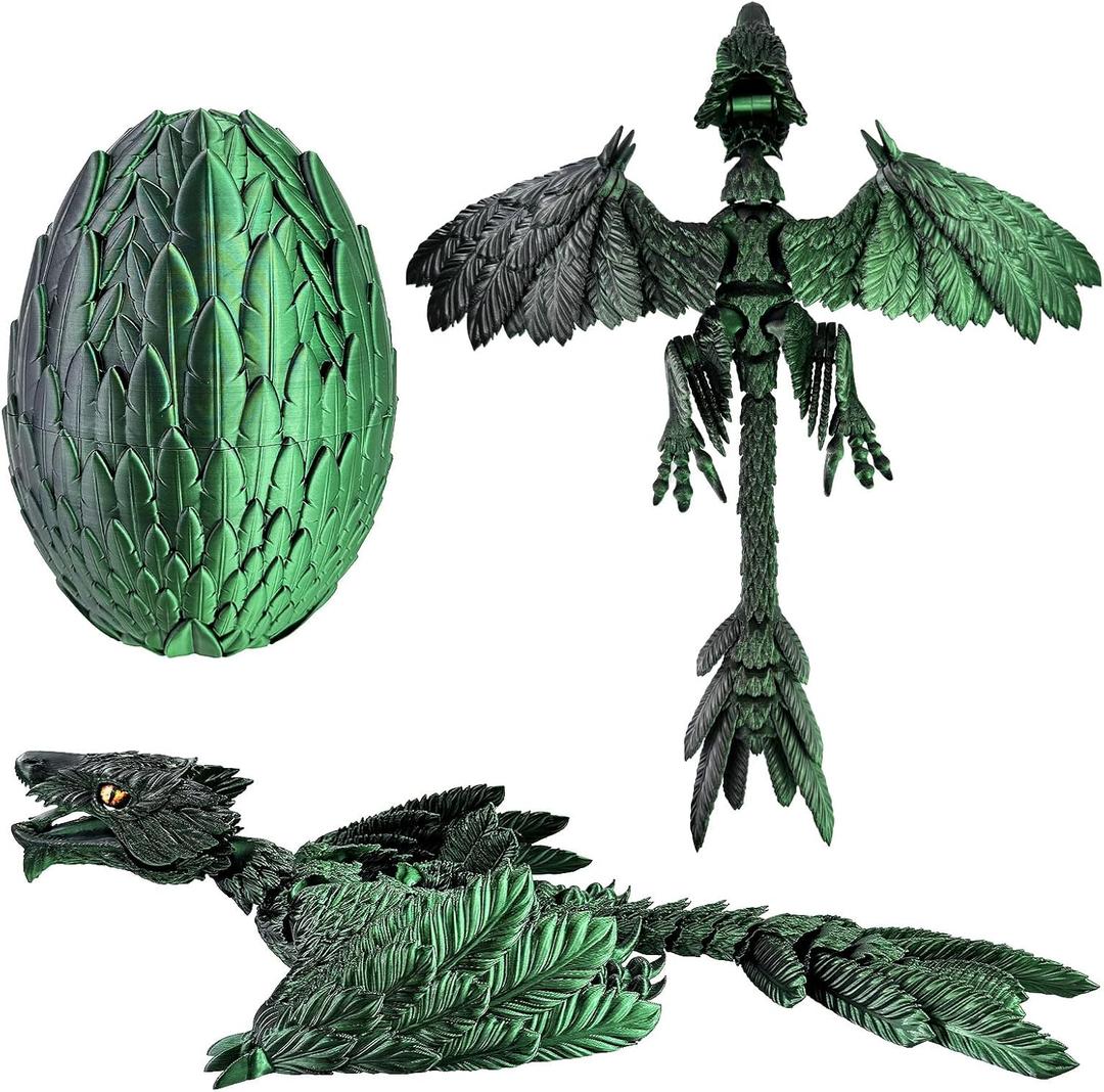 Extra Large Dynamic 3D Printed Dragon Egg with Dragon InsideOpen and Close Mouth with Wings Movable and Eyes, Feathered Wyvern Articulated Crystal Flying Fidget Bird Animals (Dark Green)