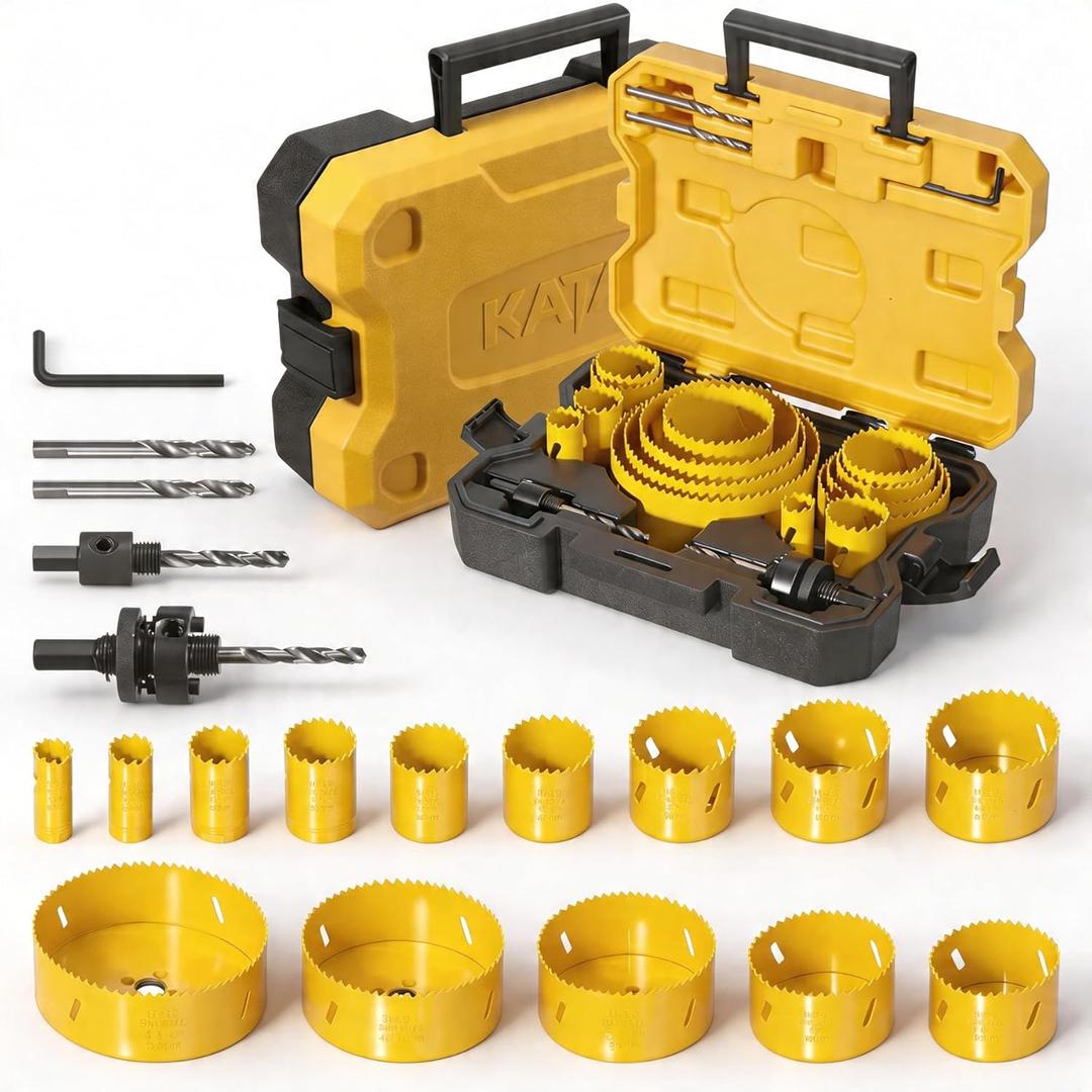 KATA Bi-Metal Hole Saw Kit, 19 Pieces M42 Steel Hole Saw Set with 3/4" -4-3/4" (19-121mm), General Purpose Hole Saw Blades in Case with Mandrels, Drill Bit, Hex Key for Thin Metal, Hard Wood, Drywall