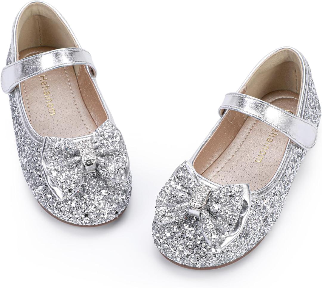 Hehainom Toddler Girls Flats Mary Jane Flower Girl Dress Shoes School Wedding Party Shoes (Silver Sequin)
