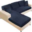 NAISI Sectional Couch Covers 6 Pieces Velvet Couch Cushion Covers L Shape Soft Stretch Sofa Slipcovers with 2pcs Pillowcases for Left/Right Chaise Sectional Couch(2 Seater+1 Chaise+3 Back,Navy)