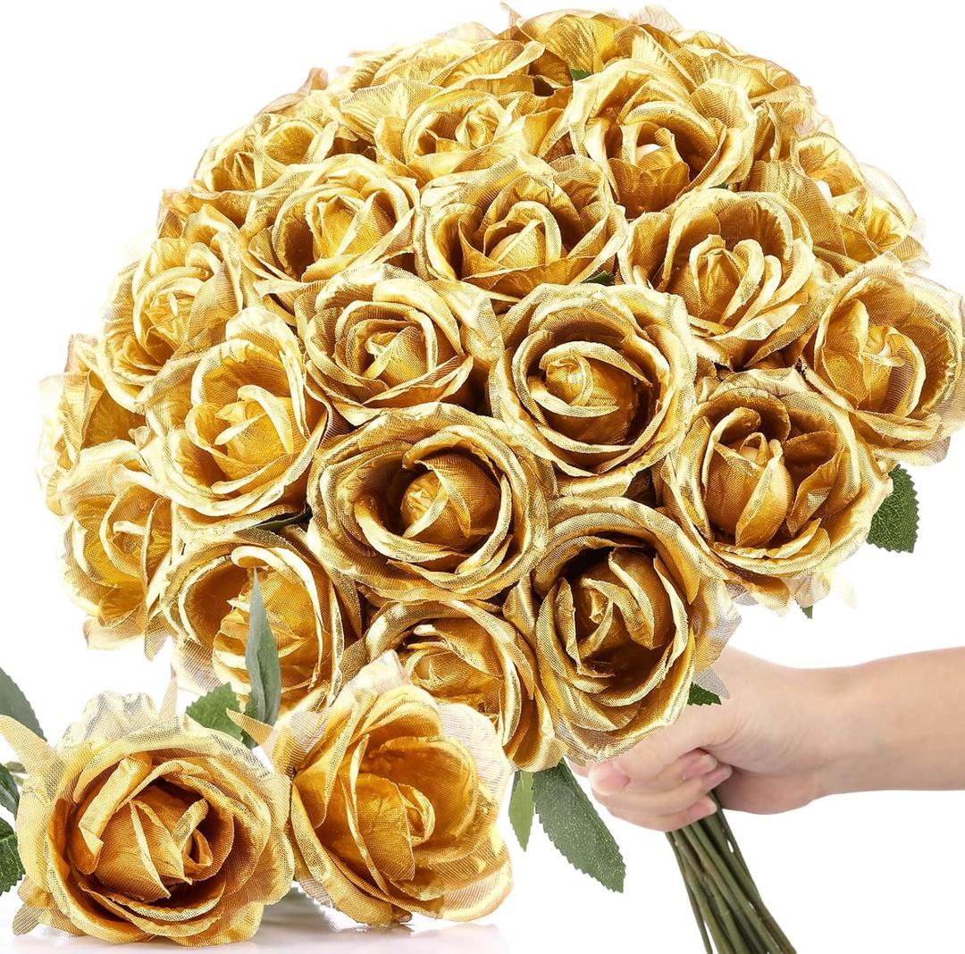 30 Pcs Rose Artificial Flowers in Bulk Real Touch Long Stem Silk Roses Bouquets Realistic Faux Flowers for Wedding Bridal Shower Home Decor Floral Arrangements Table Centerpiece(Gold)