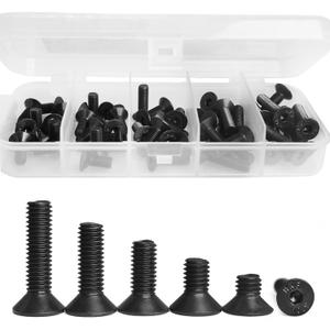 SUNXULIMI M6 x 8/12/16/20/25mm Screws and Nuts Flat Head Socket Screws Countersunk Bolts, 10.9 Grade Alloy Steel, Black Oxide Finish, Fully Threaded, Metric Allen Hex Drive, Assortment Kit 50PCS
