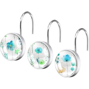 12Pcs Watercolor Floral Decorative Shower Curtain Hooks, Rust Proof Glass Surface Stainless Steel Rings for Bathroom Bedroom Home Bath Room Rods Decor(Sage Blue Flower)