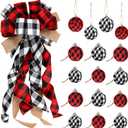 Buffalo Plaid Christmas Tree Topper Decor Wreath Bow Hanging Christmas Bow and 16 Pieces Buffalo Plaid Ball Ornament Hanging Fabric Ball(13 x 29.9 Inch,White, Black and Red)