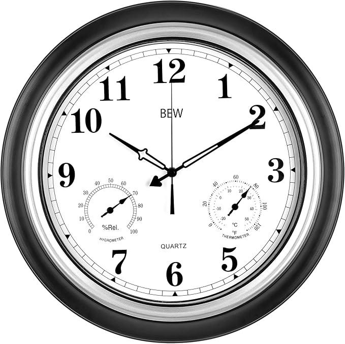 Outdoor Clocks Waterproof, 18 in Large Outdoor Clock for Patio w/Thermometer Hygrometer, Silent Battery Operated Decorative Vintage Wall Clock for Living Room/Bathroom/Pool, Black Silver