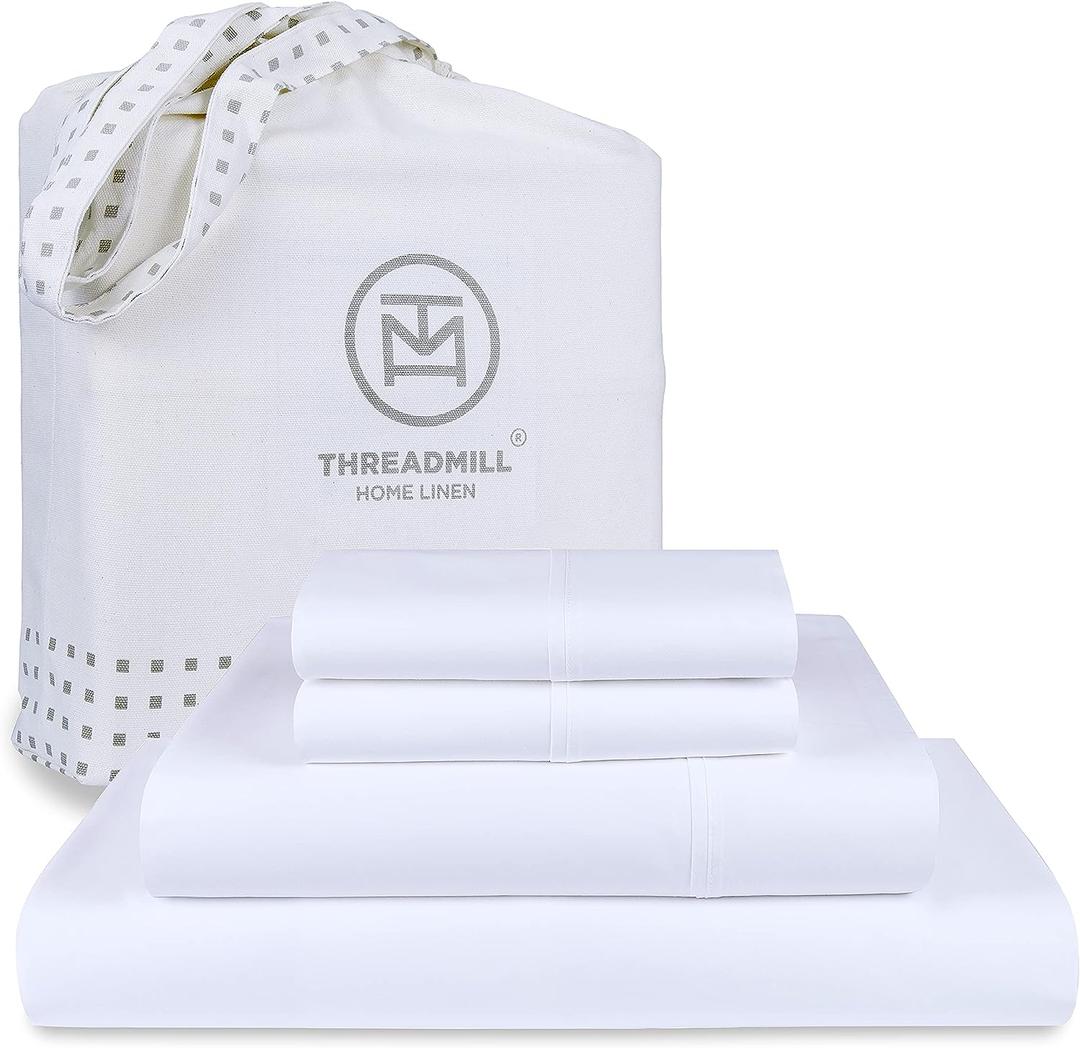 Threadmill 100% Cotton Sheets for Queen Size Bed - 600 Thread Count Queen Bed Sheets Set with 16 Deep Pocket - Sateen Weave 4-Piece Bedding Set with Cooling Effect, White (Hotel White Solid)