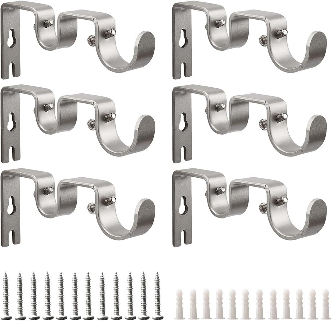 Double Curtain Rod Bracket,6 Pack Metal Curtain Rod Holders for Wall,Sturdy Curtain Rod Brackets for 1 Inch Curtain Rod,Silver Wall Mounted Curtain Rod Hooks for Bedroom Living Room Patio
