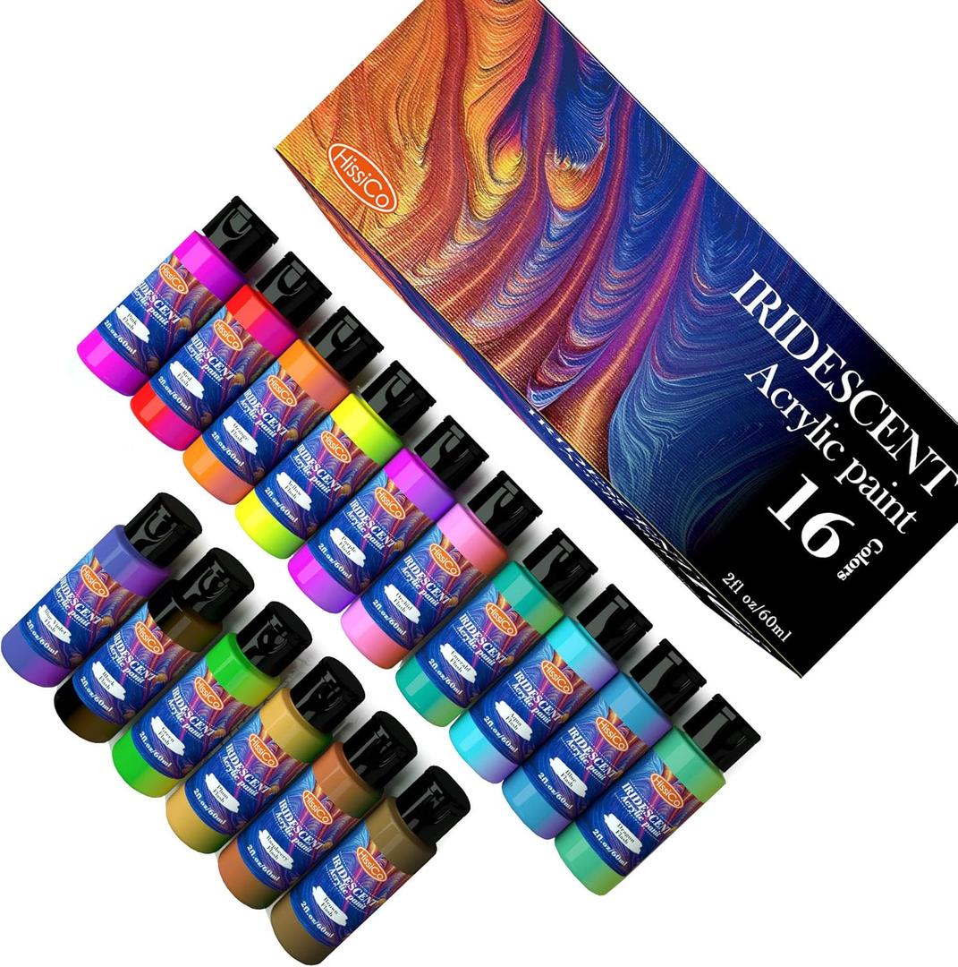 HissiCo Iridescent Acrylic Paint Set of 16 Chameleon Colors 60ml 2 OZ Bottles, High Viscosity Shimmer Paint for Artists, Beginners on Rocks, Crafts, Canvas, Wood, Fabric, Ceramic
