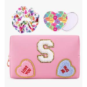 2 x Initial Makeup Bag with Mirror & Hair Scrunchies, Personalized Monogram Custom Cosmetic Bag Travel Toiletry Pouch, Birthday Gifts for Her Women Bridesmaid Teacher (S)