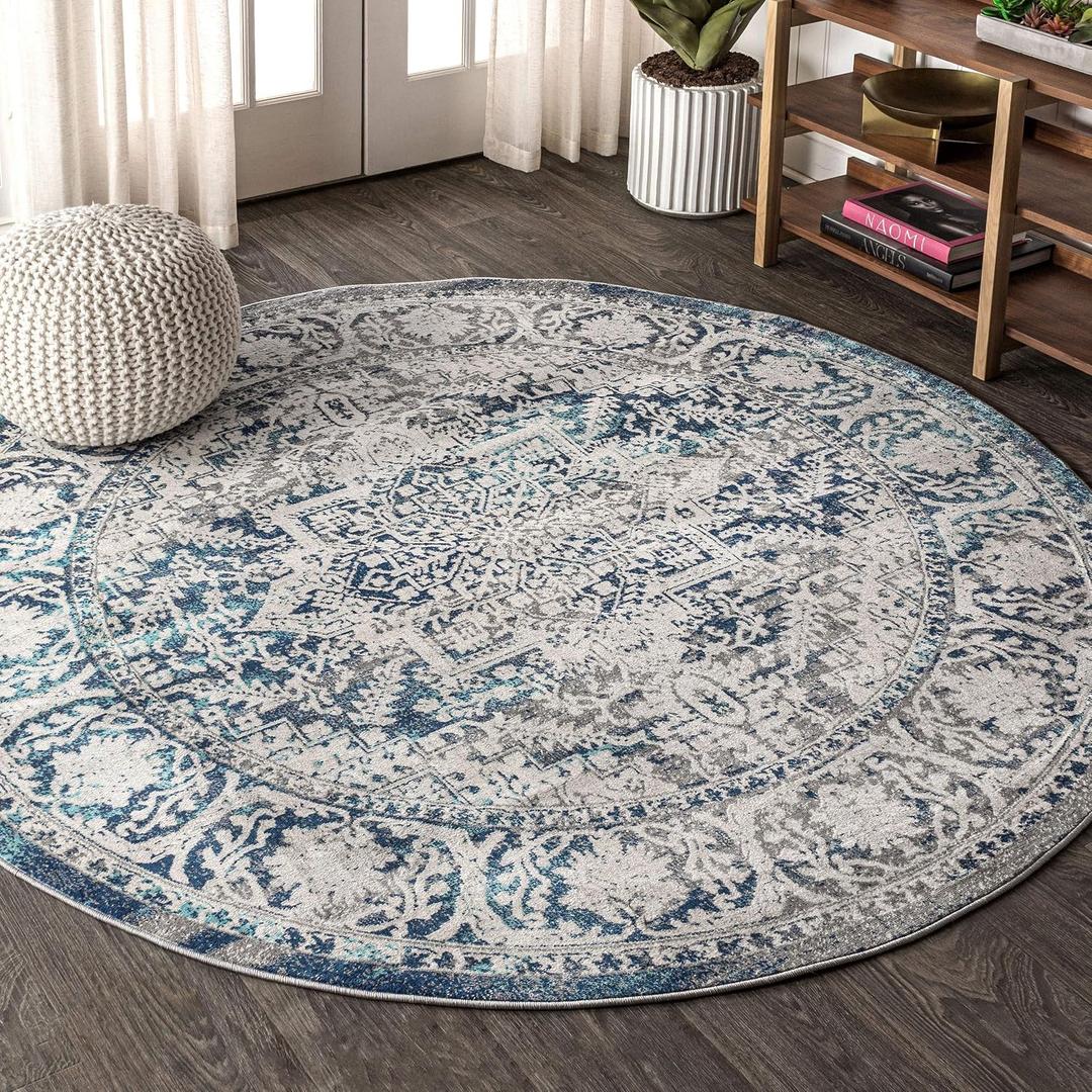 JONATHAN Y Modern Vintage Medallion Navy/Light Gray 8' Round Indoor Area Rug, Country, Floral, Easy-Cleaning for Living Room, Bedroom, Kitchen, Pet Friendly, Non-Shedding (MDP100B-8R)