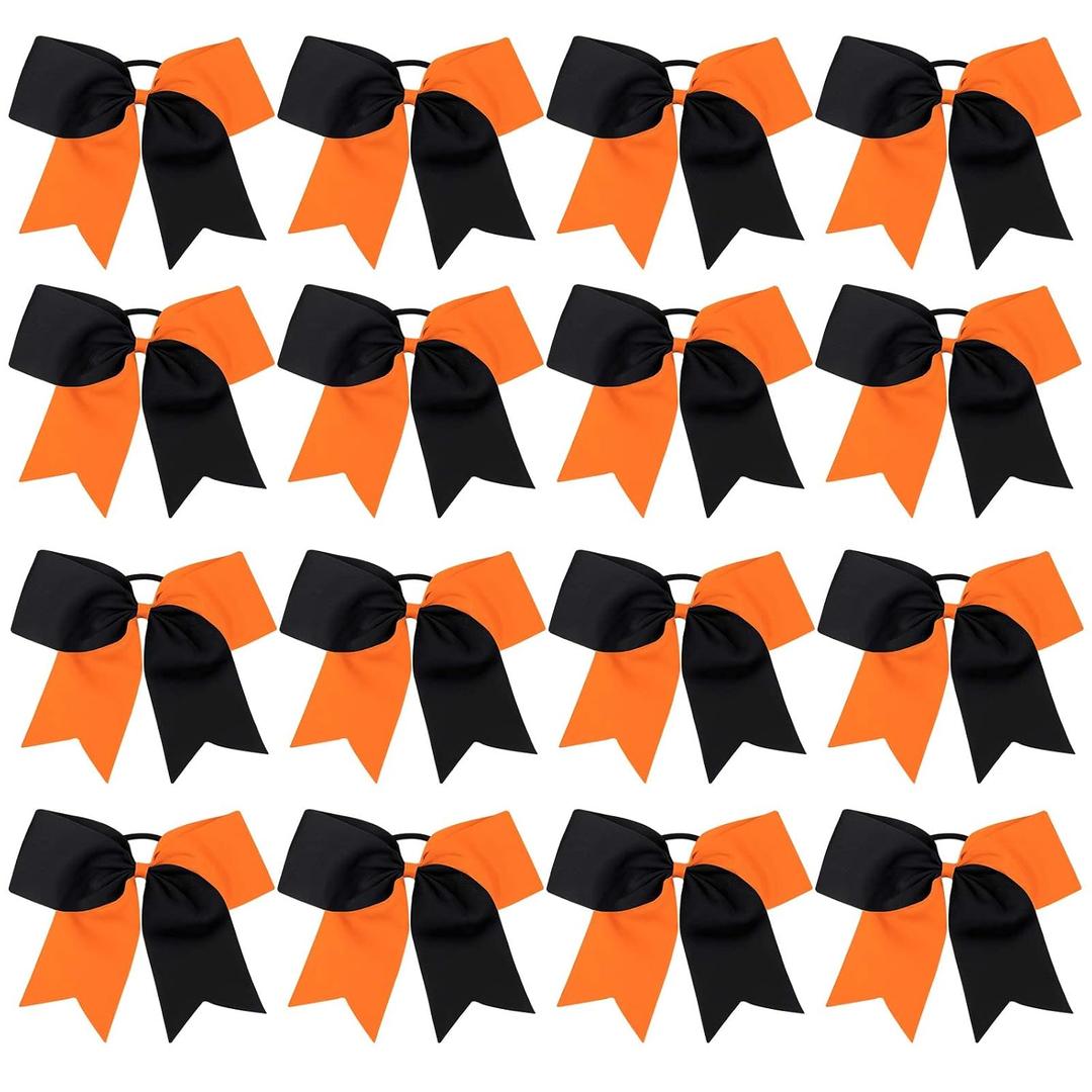 16PCS 8" Large Cheer Hair Bows Ponytail Holder Elastic Band Handmade for Cheerleading Teen Girls College Sports (Black/Orange, 1 Count (Pack of 16))