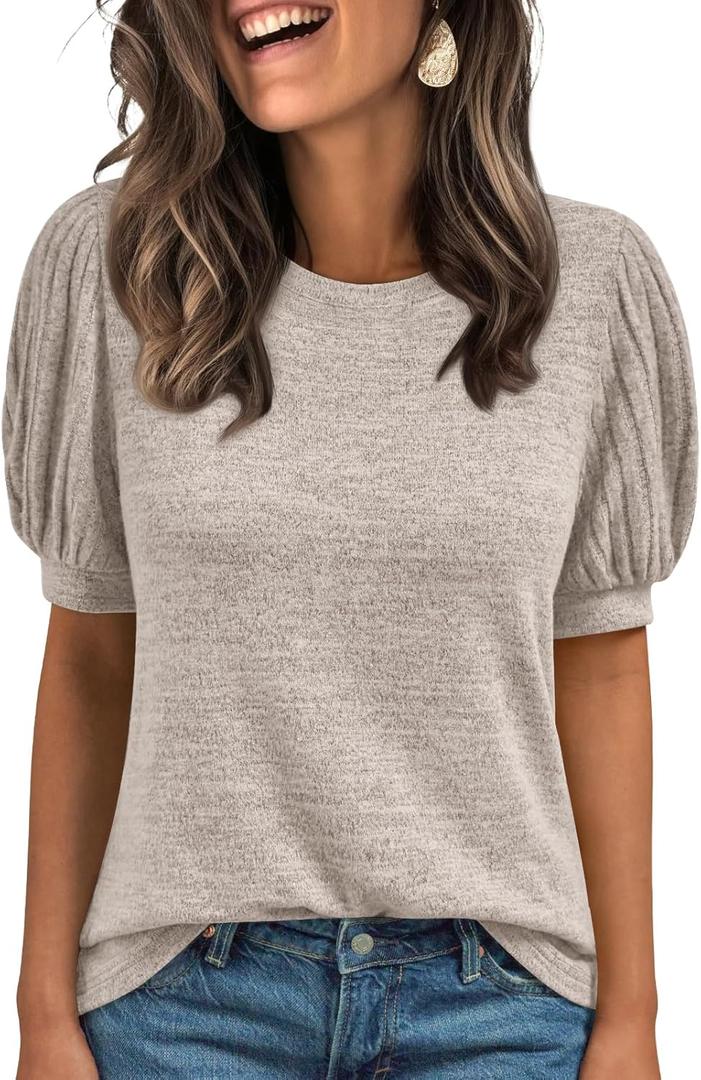 AUTOMET Womens Summer Short Sleeve Sweater Dressy Business Casual Blouses 2026 (Beige, M)