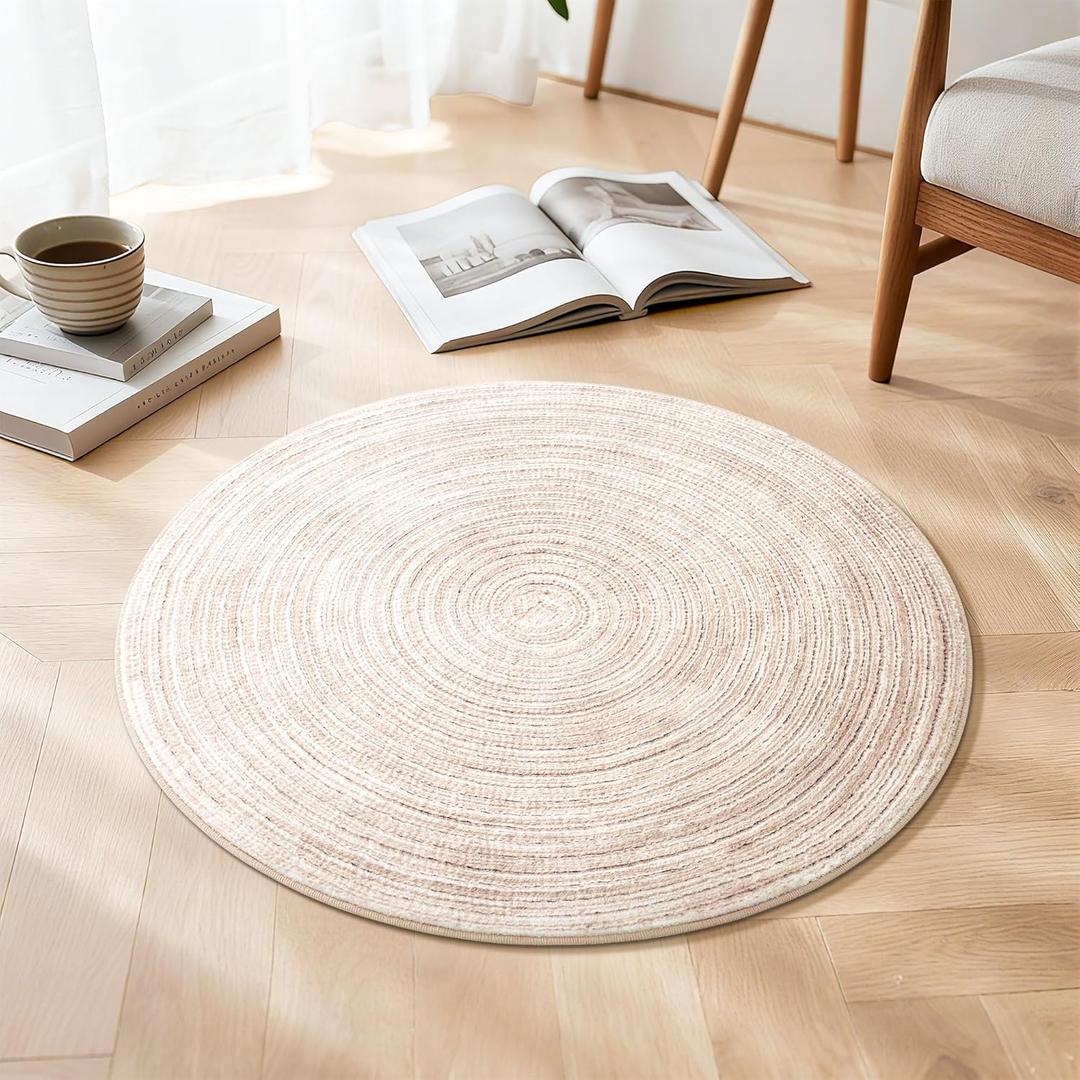 Asrug Faux Jute Round Rug Area Rug Washable Non-Slip Circle Rug Soft Touch Circle Rugs Round for Kitchen Bathroom Living Bedroom Nursery, Carpet Low Pile 2ft /24 inch/61 cm Khaki