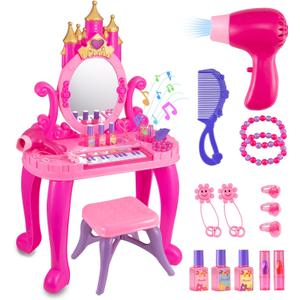 Vanity Makeup Table Toy with Adjustable Mirror, Comfortable Seat, Electronic Organ, Lights, and Music for Little Girls - Spark Imagination with Our Toddler Vanity Set