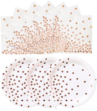 CENLBJ Rose and Gold Paper Plates- 100 Pack- 50 x 9 Paper Plates & 50 x 6.5 Napkins, Blue Plate and Napkins Party Supplies for Baby Shower,Birthdays Receptions and All Occasions