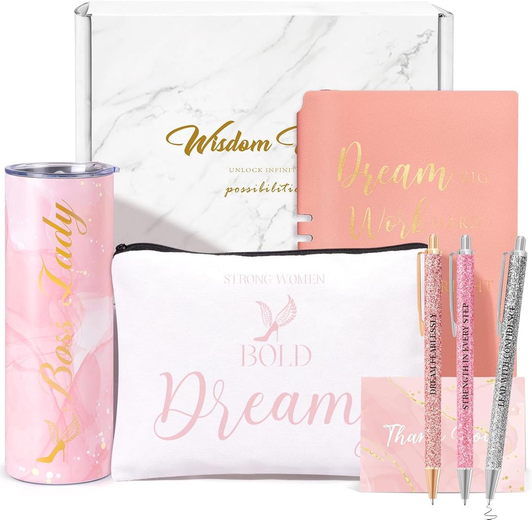 6 Pcs Boss Lady Gifts for Women Thank You Gifts for Women Employee Appreciation Gift 20 oz Boss Lady Tumbler Makeup Bag Leather Journal and Ballpoints Gift for Coworkers Female