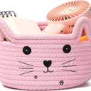 Zopeal Cat Basket Storage Woven Organizer with Ears Easter Decorative Gift Pet Toy Cute Cotton Rope Basket for Gift Cat Dog Toy Bin Nursery Room(8.3 x 4.7 Inch,Pink)