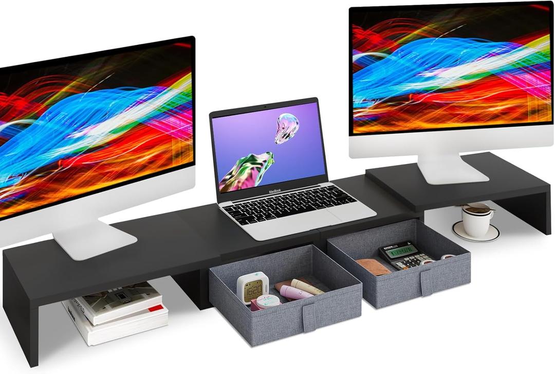 TEAMIX Wood Dual Monitor Stand Riser with Drawers-Length and Angle Adjustable Triple Monitor Stand with Storage Large Computer Riser for 2/3 Monitors/Laptops/PC/Printers (Black)