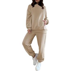 Fixmatti Women Hoodies Tracksuit Long Sleeve Sweatshirts Jogger Pant 2 Piece Outfits (Beige, L)