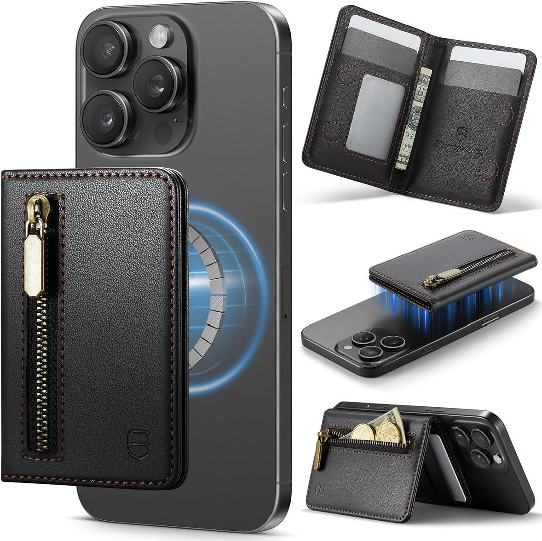 Strapurs Magnetic Card Holder Compatible with MagSafe Phones and Cases, PU Leather Phone Wallet for iPhone 17/16/15/14/13/12/Pro/Max/Plus/Air, 4 Card Slots RFID Blocking with Zipper Pocket - Black