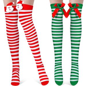 Loopeer 2 Pairs Christmas Thigh High Socks Halloween Women Striped Over Knee Stockings Candy Cane Socks for Women Girls