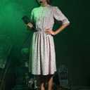 Spadehill Women Halloween Babara Midi Puff Sleeve Dress Button Print Pleated Costume L