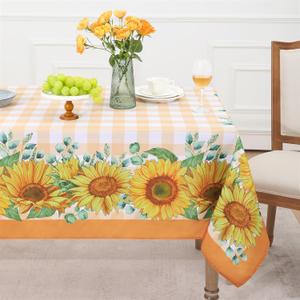 Romanstile Summer Tablecloth Rectangle, Sunflower Buffalo Plaid Decorative Table Cloths Stain Resistant Fabric Table Cover for Dinner/Party/Picnic/Indoor/Outdoor (Orange, 52 x 70 Inch)
