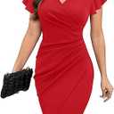 Machico 2026 Women's Sexy V Neck Ruffle Sleeve Faux Wrap Ruched Bodycon Sheath Cocktail Party Work Dress, L