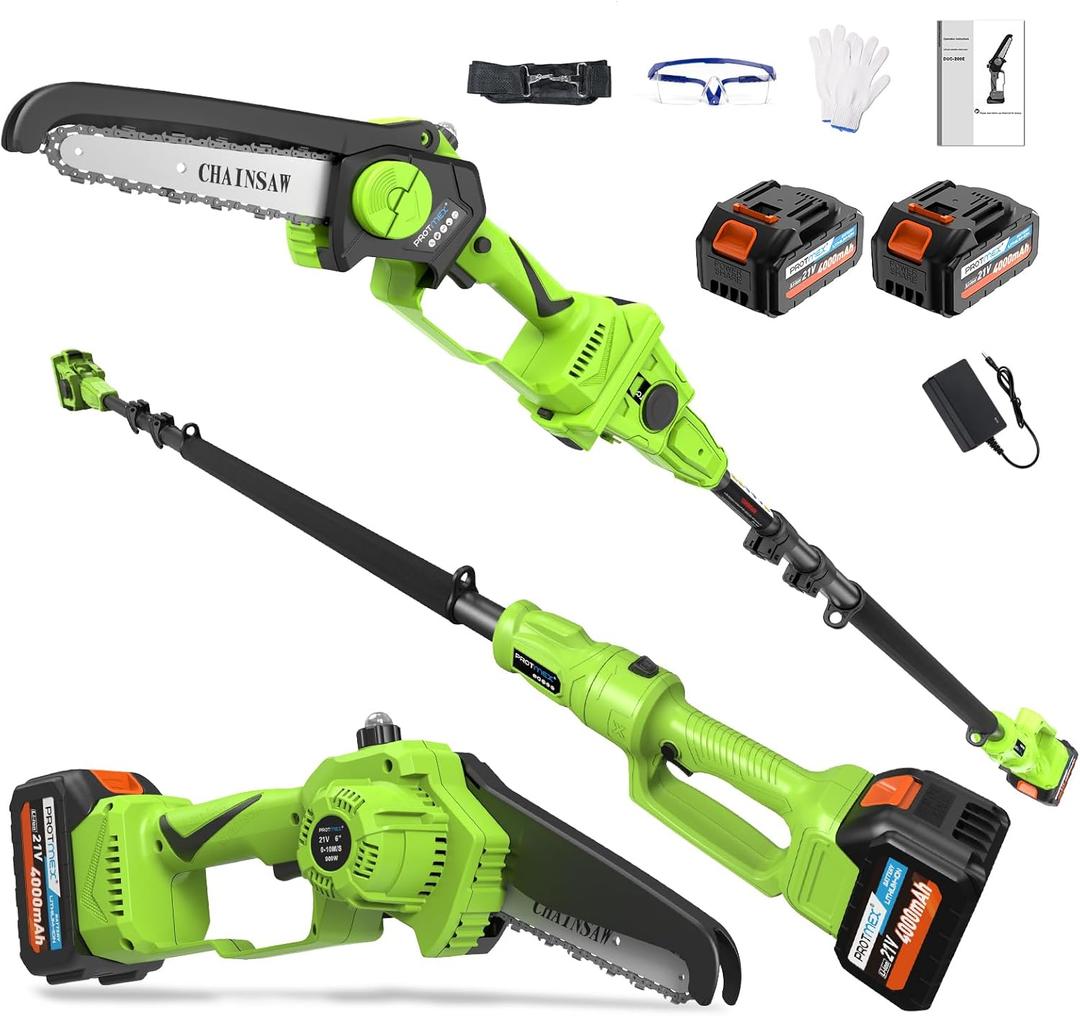 2 in 1 Pole Saw 6 inch with Mini Chainsaw, 2 21V 4.0Ah Batteries, Extending Pole, Angled Head, Electric Pole Chainsaw for Tree Trimming, Lightweight, Brushless Motor, Tool-Free Chain Tension