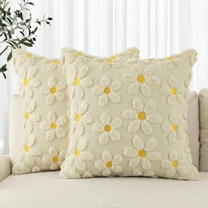 AVOIN colorlife Spring Summer Beige Daisy Throw Pillow Covers Set of 2, 18 x 18 Inch Seasonal Flora Farmhouse Decor Flower Soft Plush Faux Fur Jacquard Cushion Case for Home Sofa