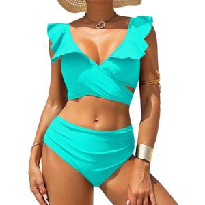 ZAFUL Women High Waisted Bikini Sets Two Piece Ruffle Tummy Control Swimsuit 2025 Cross Cutout Ruched Bathing Suit Lake Blue, XL