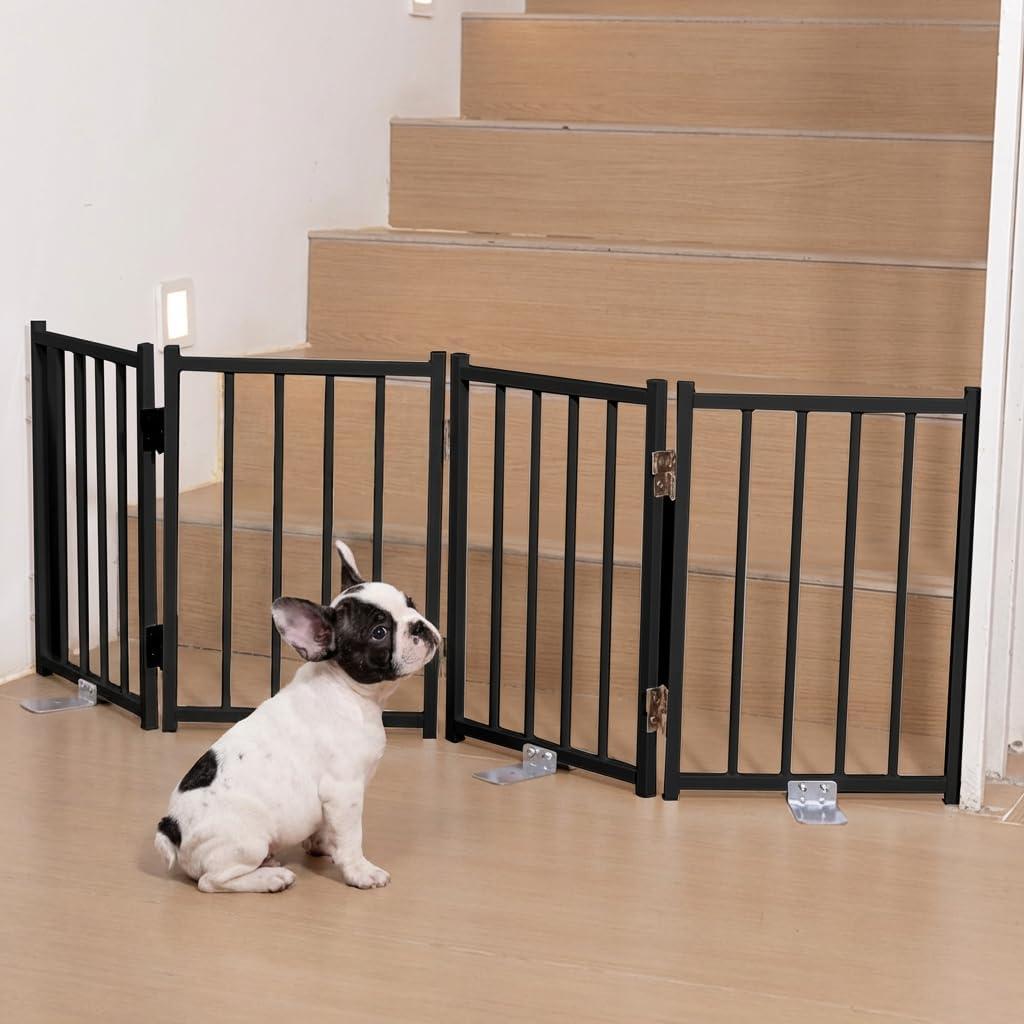 No Pawblems Free Standing Short Dog Gate, 16.5'' Tall Foldable Dog Fence for Indoor & Outdoor, Up to 48 Inch Extra Wide Puppy Gate for Stairs, Hallways, Doorways, Deck, Yard (Black, 4 Panels)